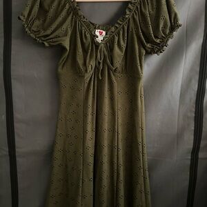 Elegant Olive Green Eyelet Dress